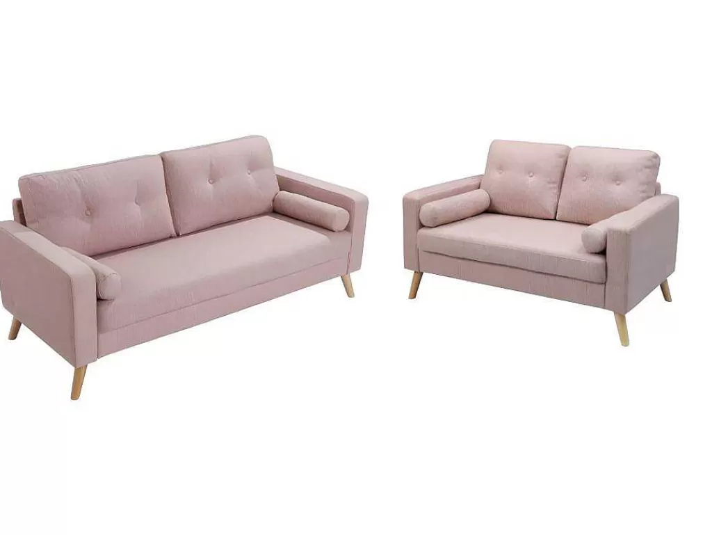 Conjunto De Sofá*Vente-unique Sofá De 3+2 Lugares Em Tecido Efeito La Cor-De-Rosa - Tatum