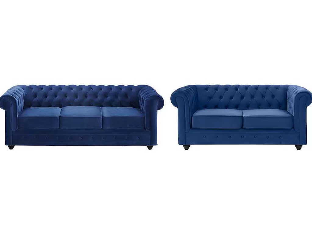 Conjunto De Sofá*Vente-unique Sofá De 3+2 Lugares Em Veludo Cor Azul Real - Chesterfield