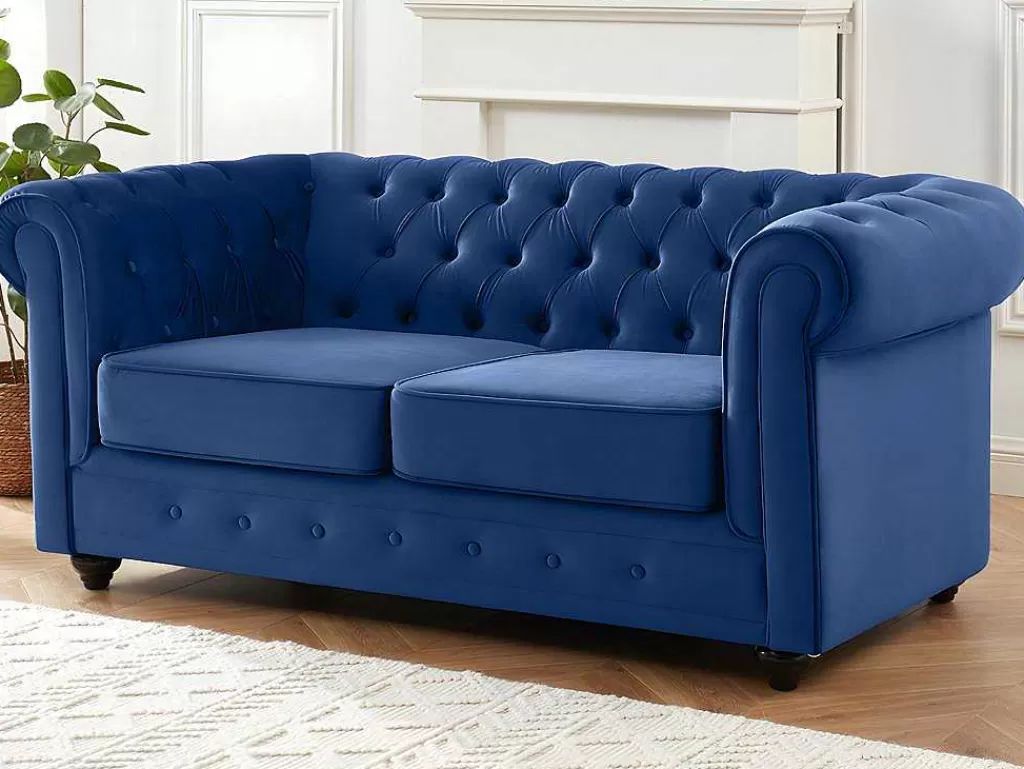 Conjunto De Sofá*Vente-unique Sofá De 3+2 Lugares Em Veludo Cor Azul Real - Chesterfield