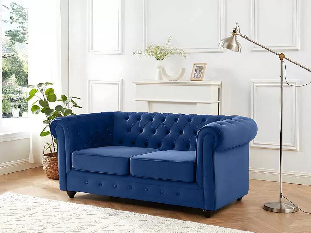 Conjunto De Sofá*Vente-unique Sofá De 3+2 Lugares Em Veludo Cor Azul Real - Chesterfield