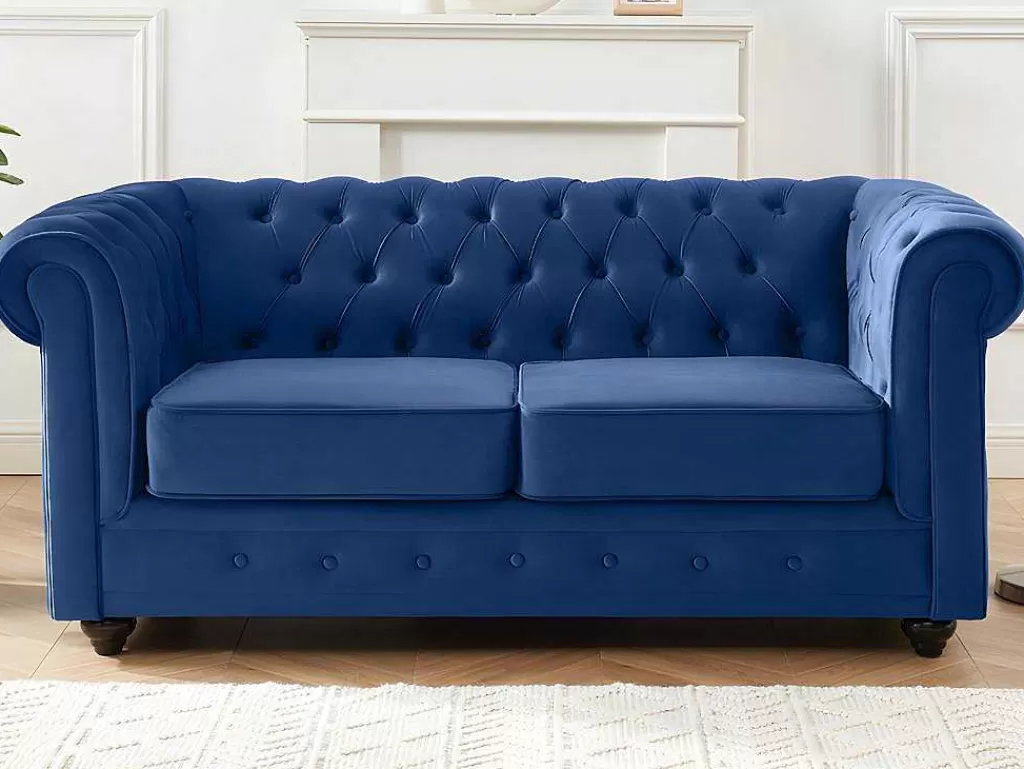 Conjunto De Sofá*Vente-unique Sofá De 3+2 Lugares Em Veludo Cor Azul Real - Chesterfield