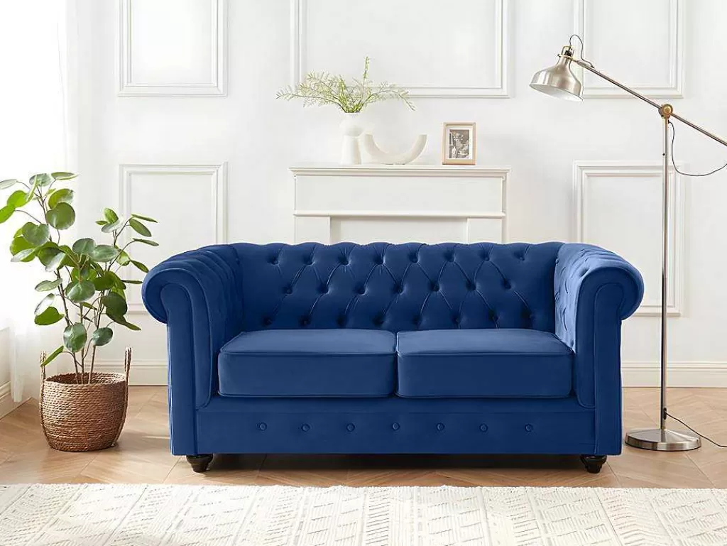 Conjunto De Sofá*Vente-unique Sofá De 3+2 Lugares Em Veludo Cor Azul Real - Chesterfield