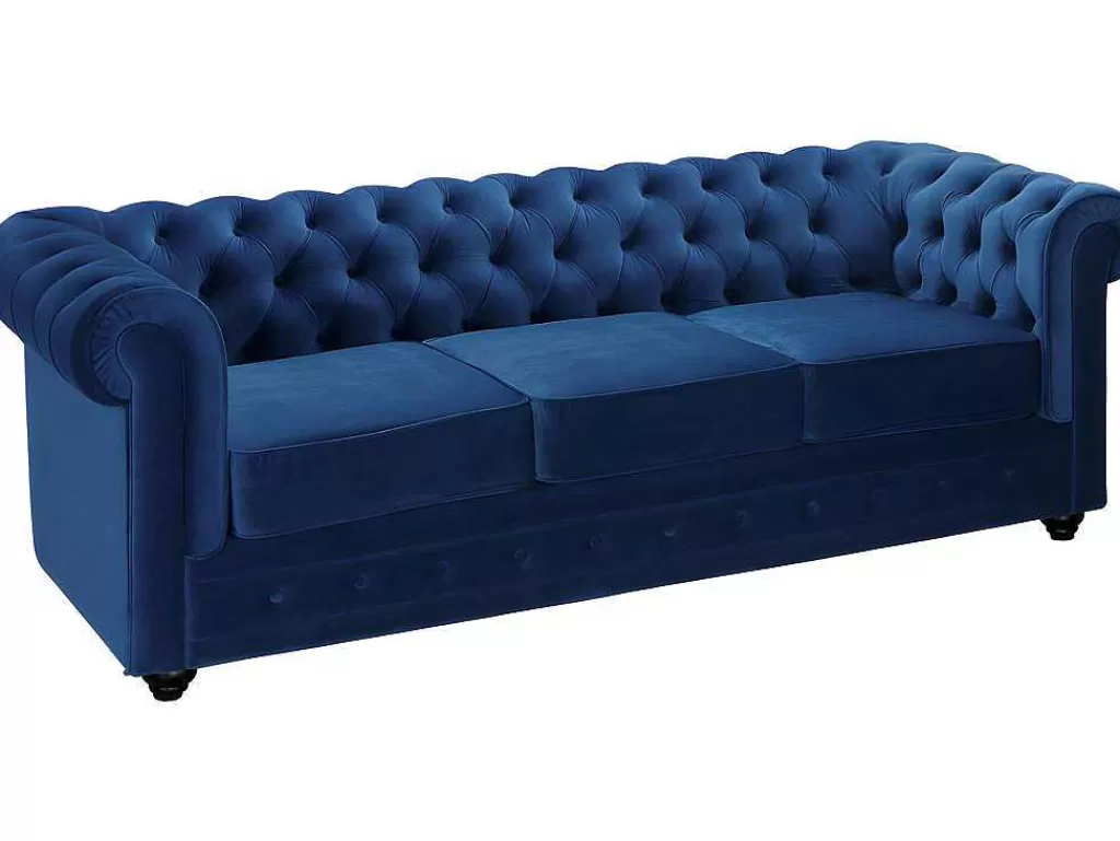 Conjunto De Sofá*Vente-unique Sofá De 3+2 Lugares Em Veludo Cor Azul Real - Chesterfield