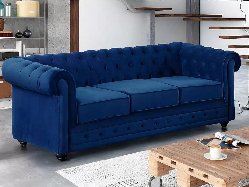 Conjunto De Sofá*Vente-unique Sofá De 3+2 Lugares Em Veludo Cor Azul Real - Chesterfield