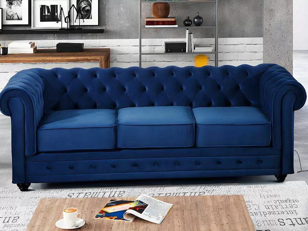 Conjunto De Sofá*Vente-unique Sofá De 3+2 Lugares Em Veludo Cor Azul Real - Chesterfield