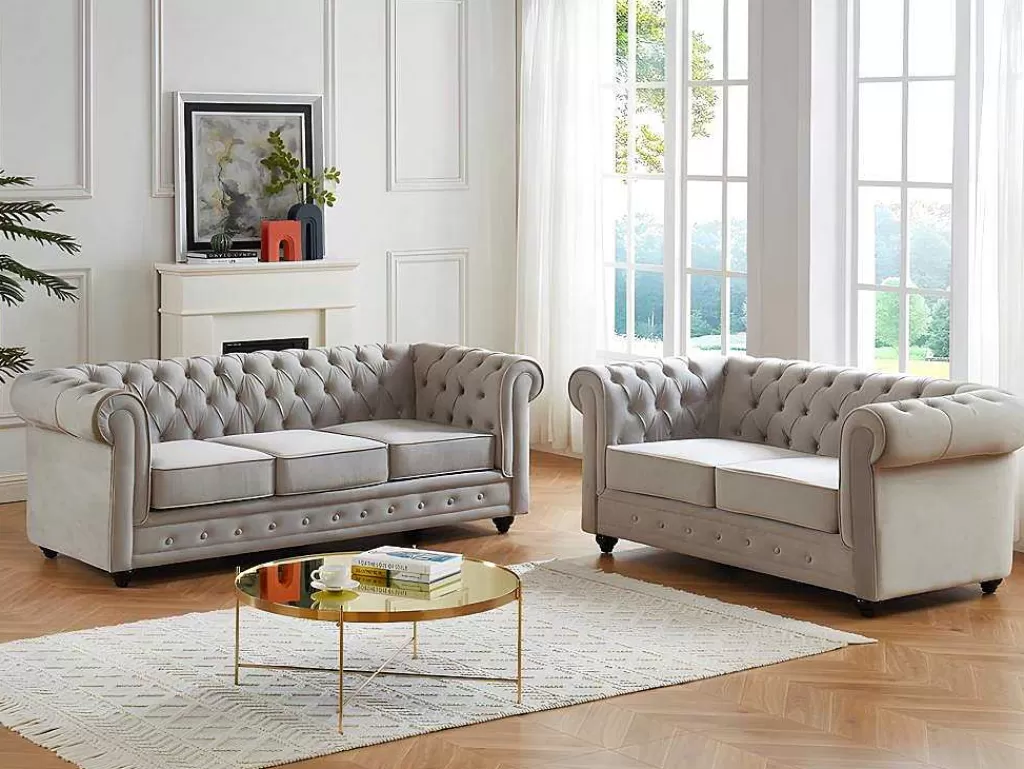 Conjunto De Sofá*Vente-unique Sofá De 3+2 Lugares Em Veludo Cor Cinza-Claro - Chesterfield