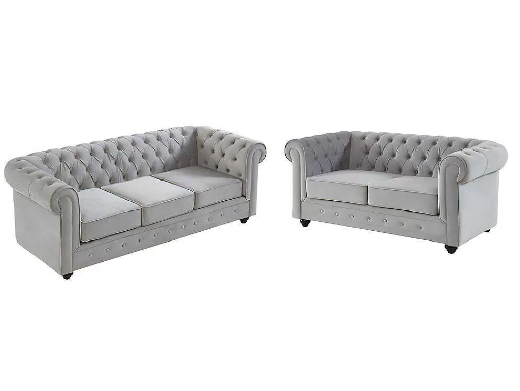 Conjunto De Sofá*Vente-unique Sofá De 3+2 Lugares Em Veludo Cor Cinza-Claro - Chesterfield