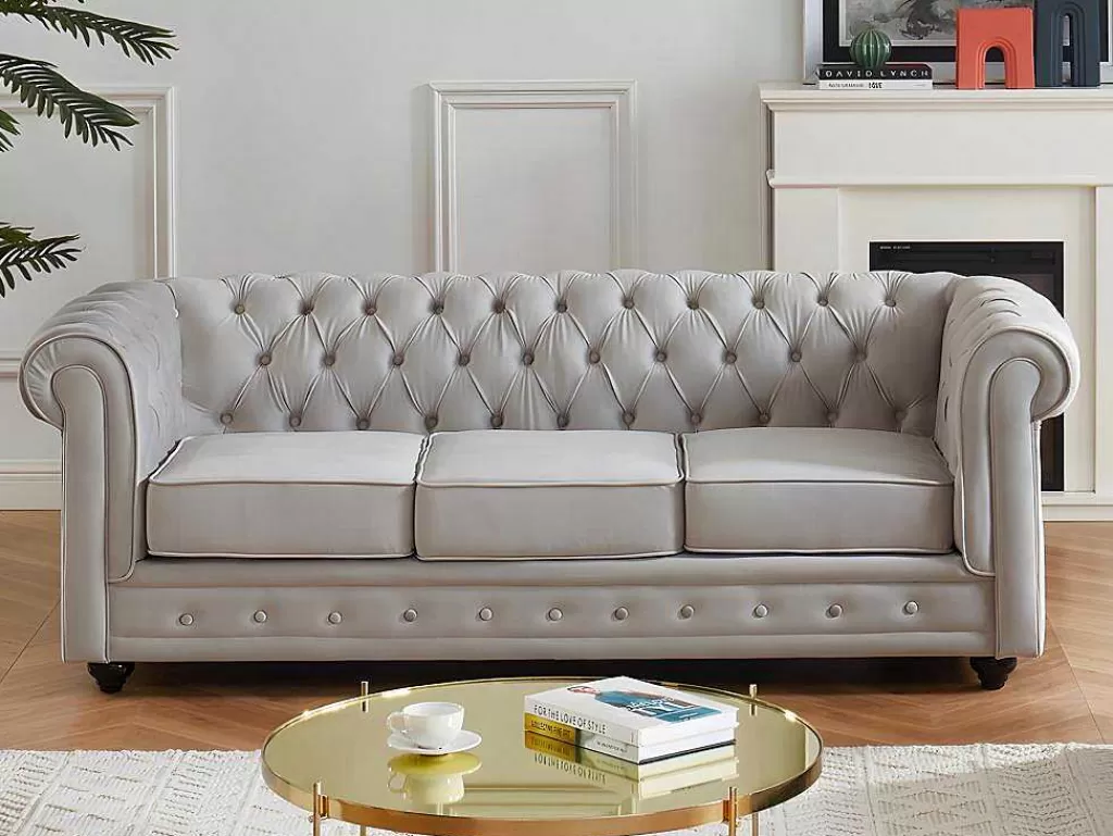 Conjunto De Sofá*Vente-unique Sofá De 3+2 Lugares Em Veludo Cor Cinza-Claro - Chesterfield