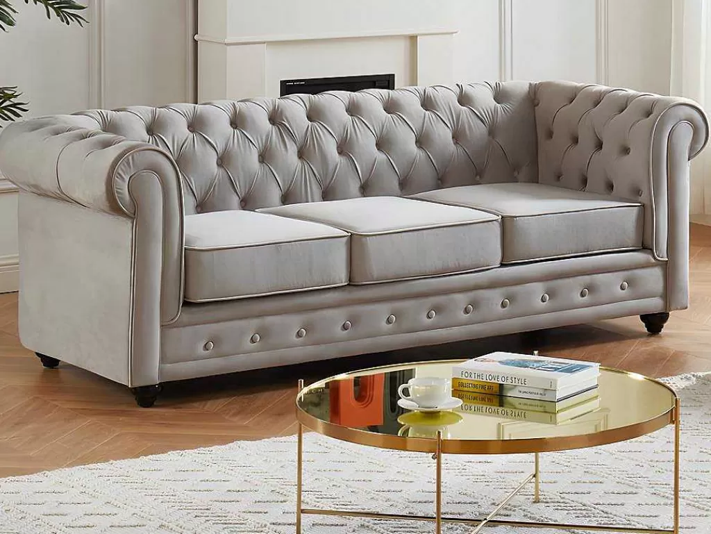 Conjunto De Sofá*Vente-unique Sofá De 3+2 Lugares Em Veludo Cor Cinza-Claro - Chesterfield