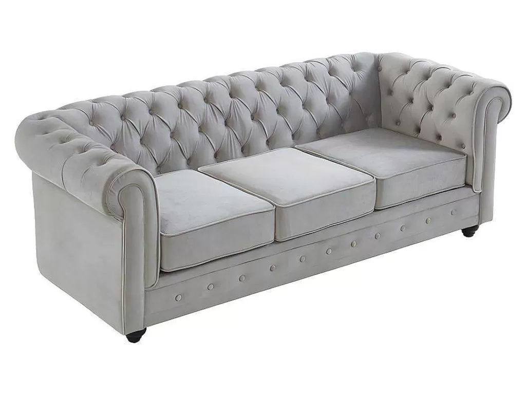 Conjunto De Sofá*Vente-unique Sofá De 3+2 Lugares Em Veludo Cor Cinza-Claro - Chesterfield