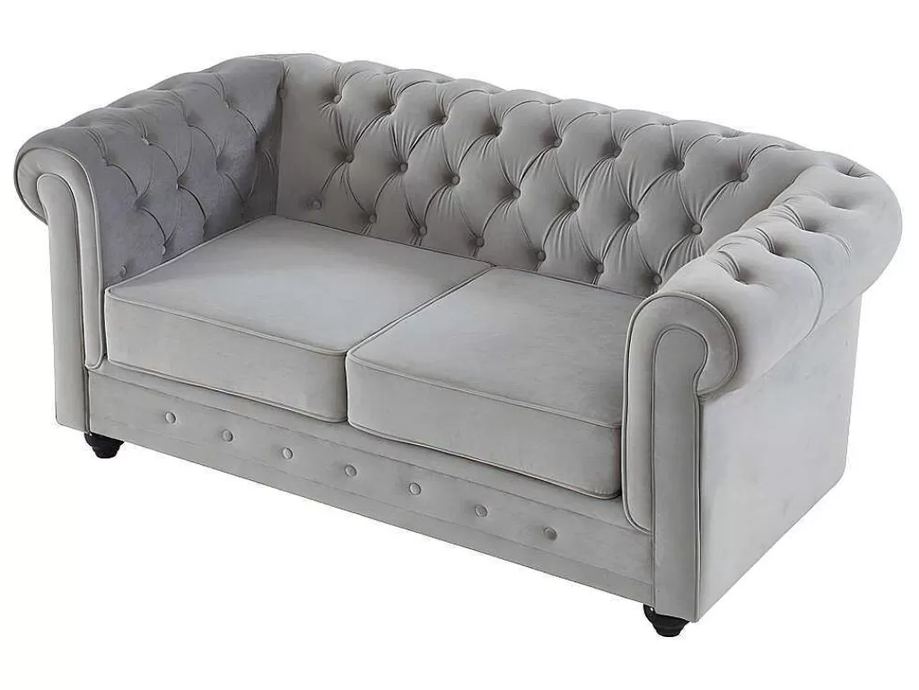 Conjunto De Sofá*Vente-unique Sofá De 3+2 Lugares Em Veludo Cor Cinza-Claro - Chesterfield