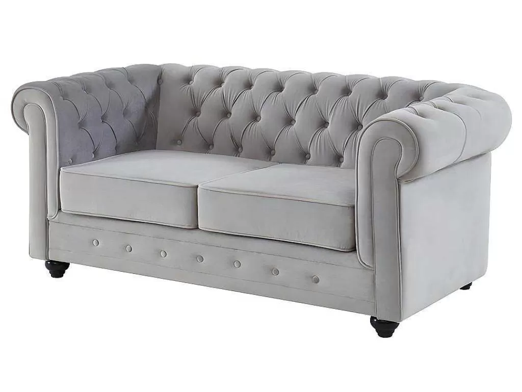 Conjunto De Sofá*Vente-unique Sofá De 3+2 Lugares Em Veludo Cor Cinza-Claro - Chesterfield