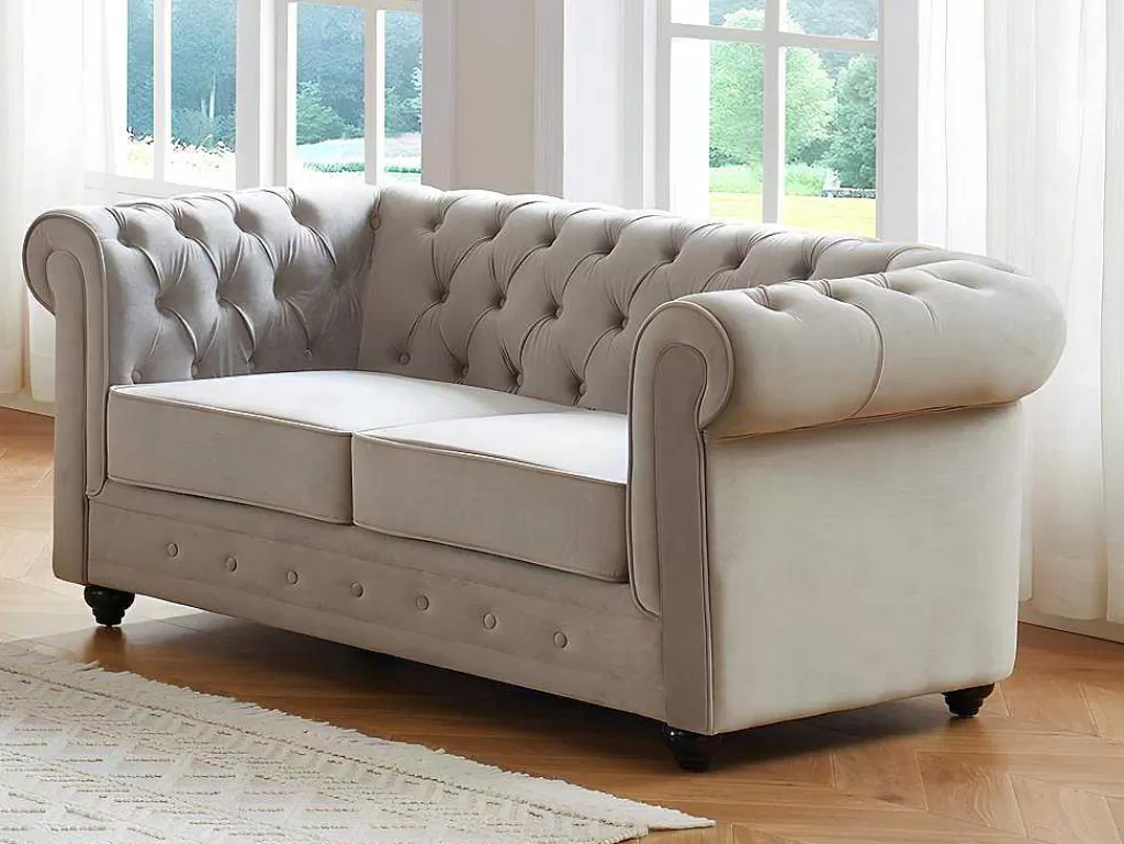 Conjunto De Sofá*Vente-unique Sofá De 3+2 Lugares Em Veludo Cor Cinza-Claro - Chesterfield