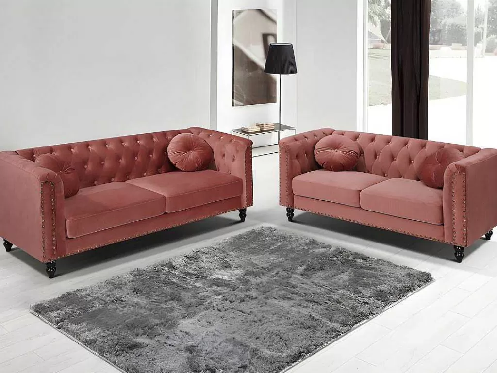 Conjunto De Sofá*Vente-unique Sofá De 3+2 Lugares Em Veludo Cor-De-Rosa Velho - Turner