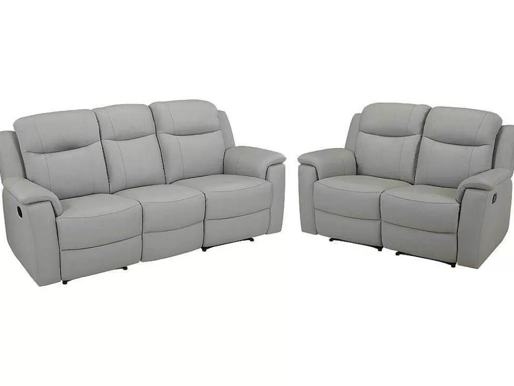 Conjunto De Sofá*Vente-unique Sofá De 3+2 Lugares Relax Com Mesa De Bar Em Pele Cinza Claro - Evasion