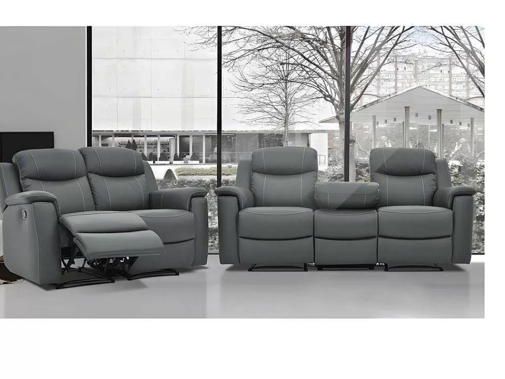 Conjunto De Sofá*Vente-unique Sofá De 3+2 Lugares Relax Com Mesinha De Bar Em Pele Cinza - Evasion