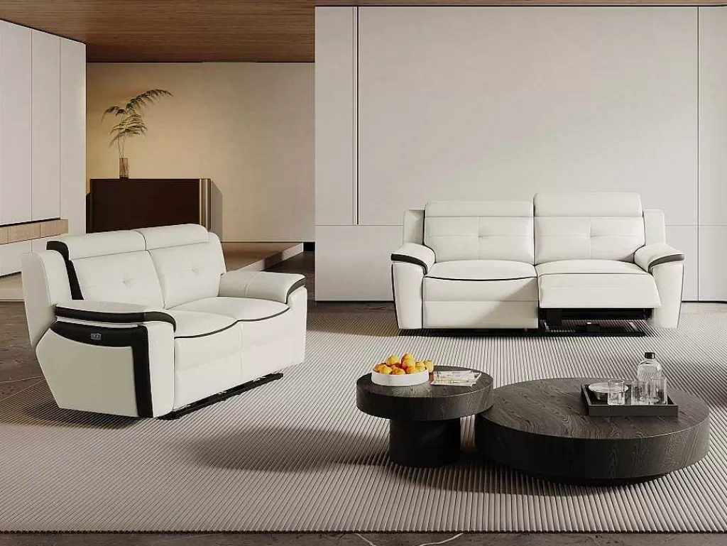 Conjunto De Sofá*Vente-unique Sofá De 3+2 Lugares Relax Eletrico Em Pele Branco E Antracite - Angelique