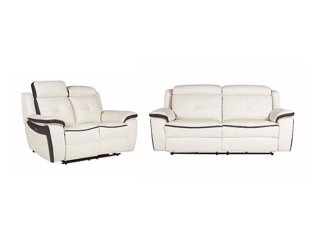 Conjunto De Sofá*Vente-unique Sofá De 3+2 Lugares Relax Eletrico Em Pele Branco E Antracite - Angelique