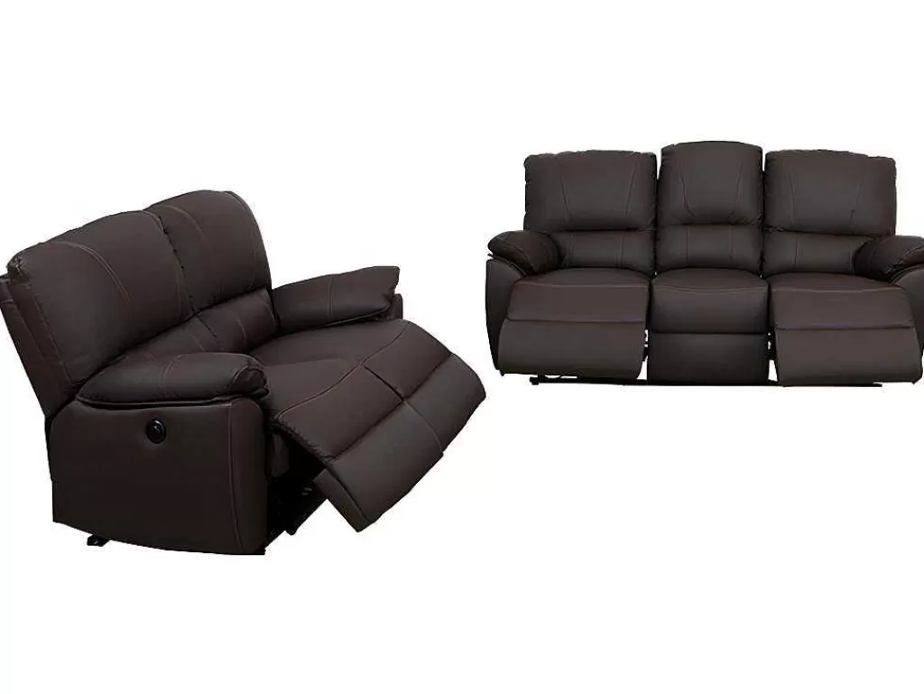 Conjunto De Sofá*Vente-unique Sofá De 3+2 Lugares Relax Eletrico Em Pele Castanho - Marcis