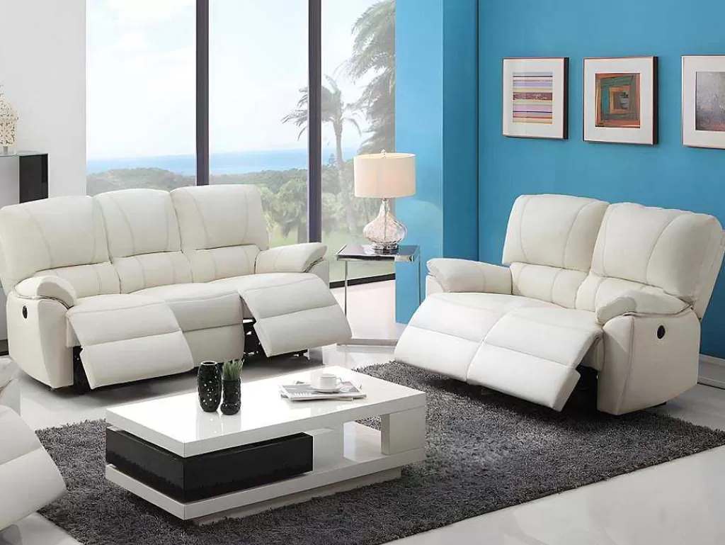 Conjunto De Sofá*Vente-unique Sofá De 3+2 Lugares Relax Eletrico Em Pele Marfim - Marcis