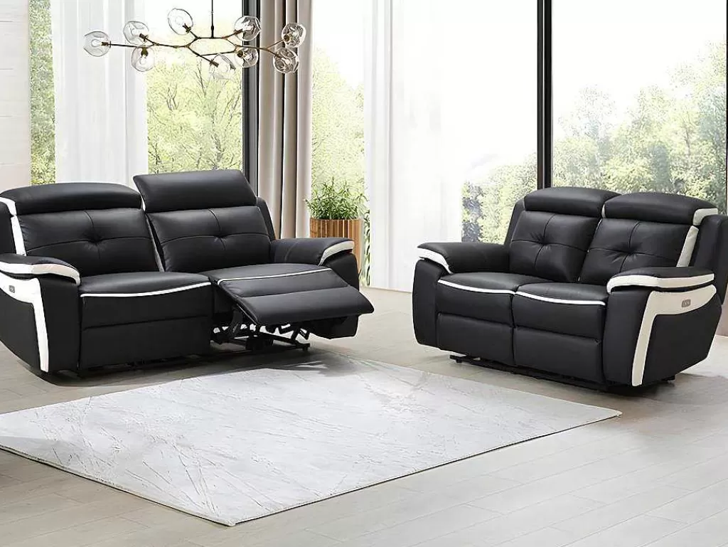 Conjunto De Sofá*Vente-unique Sofá De 3+2 Lugares Relax Eletrico Em Pele Preto E Branco - Angelique
