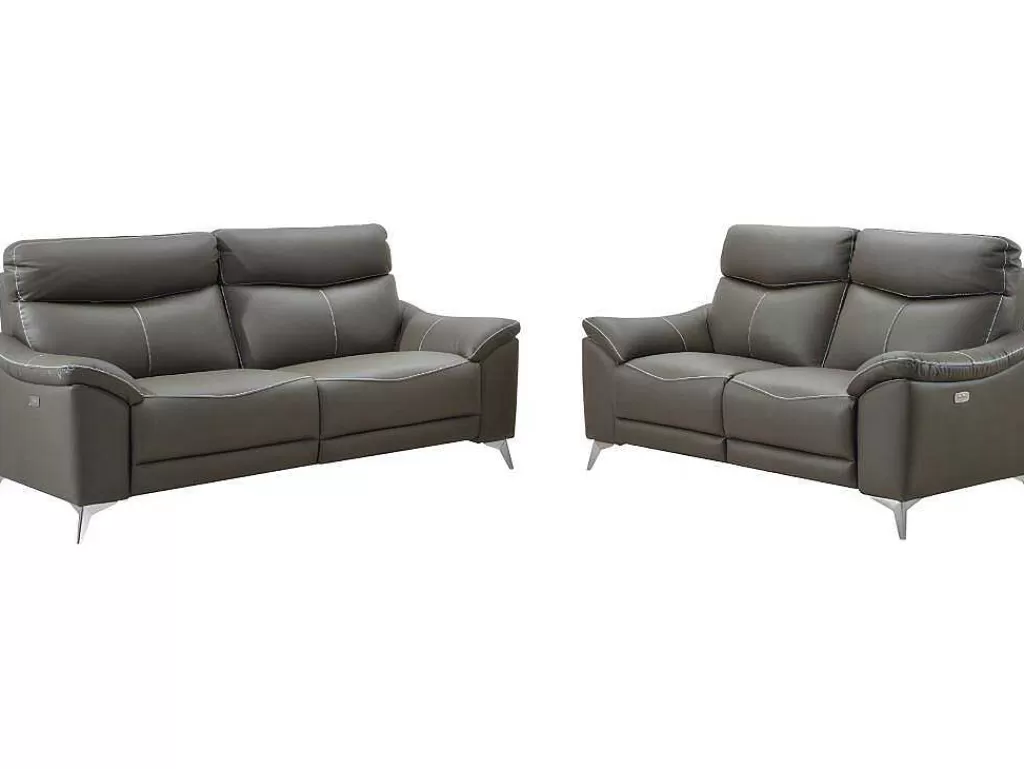Conjunto De Sofá*Vente-unique Sofá De 3+2 Lugares Relax Eletrico Em Pele Taupe - Metronomya