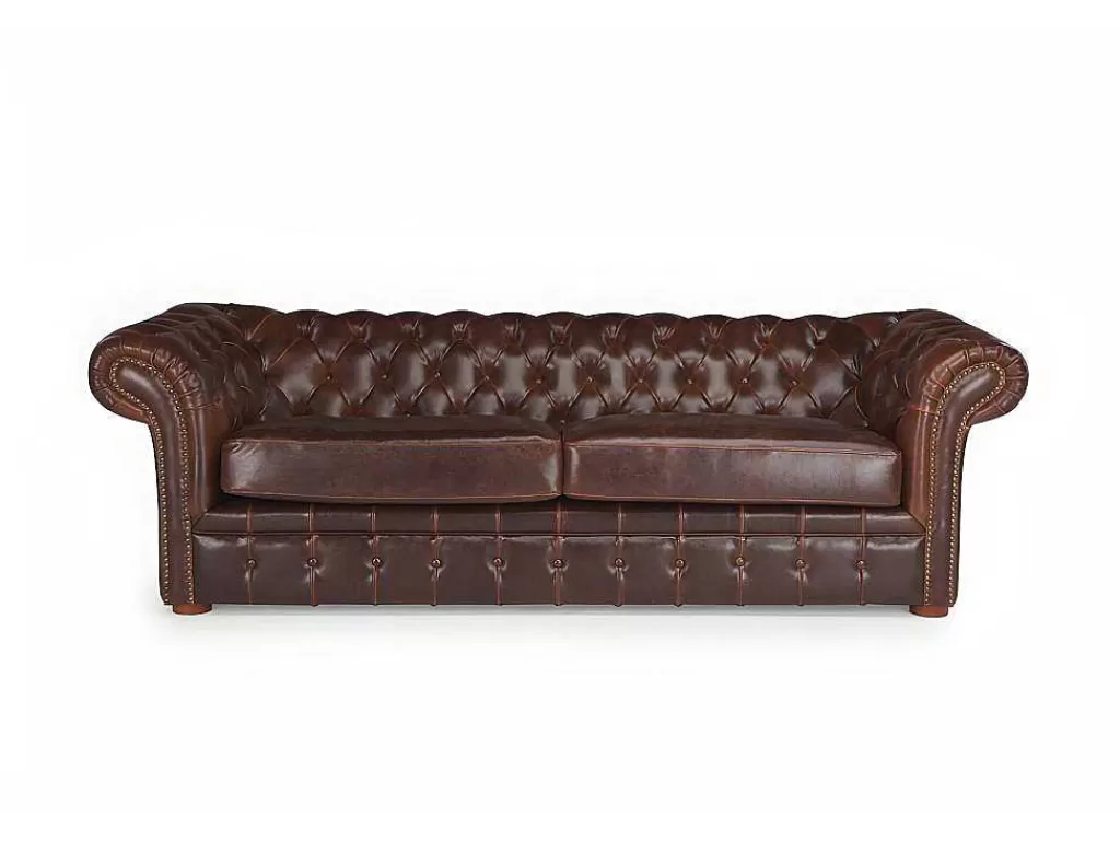 Promoções Sofás & Poltronas*Vente-unique Sofá De 3 Lugares 100% Pele Envelhecida Castanho Estilo Chesterfield - Clotaire