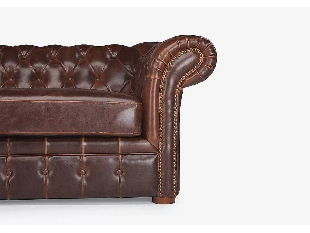 Promoções Sofás & Poltronas*Vente-unique Sofá De 3 Lugares 100% Pele Envelhecida Castanho Estilo Chesterfield - Clotaire