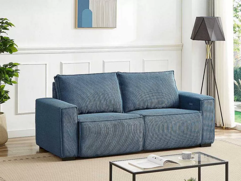Sofá De Relaxamento Eletrico*Vente-unique Sofá De 3 Lugares Articulado Eletrico Em Tecido Canelado Azul - Amelio