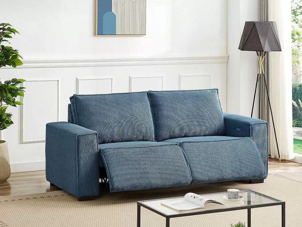 Sofá De Relaxamento Eletrico*Vente-unique Sofá De 3 Lugares Articulado Eletrico Em Tecido Canelado Azul - Amelio