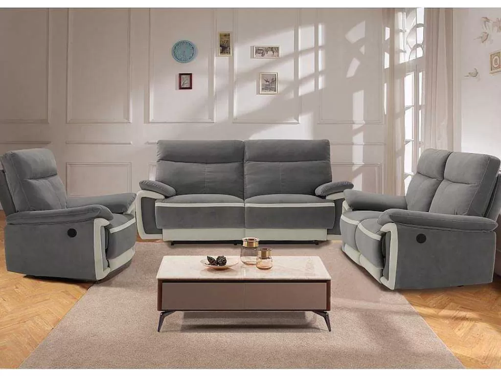 Sofá De Relaxamento Eletrico*Vente-unique Sofá De 3 Lugares Articulado Eletrico Em Veludo - Cinza E Faixas Branco Cru - Metti
