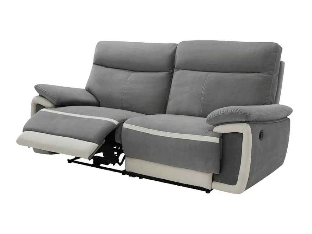 Sofá De Relaxamento Eletrico*Vente-unique Sofá De 3 Lugares Articulado Eletrico Em Veludo - Cinza E Faixas Branco Cru - Metti