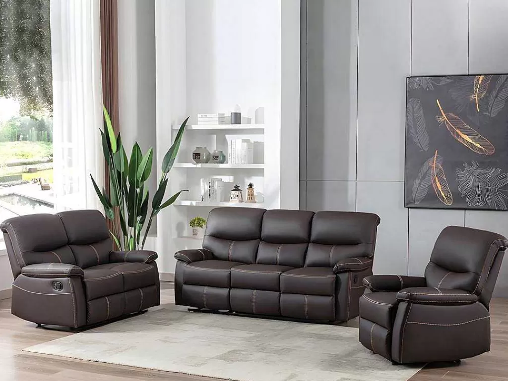Sofá De Relaxamento Manual*Vente-unique Sofá De 3 Lugares Articulado Em Pele Sintética Castanha - Canby