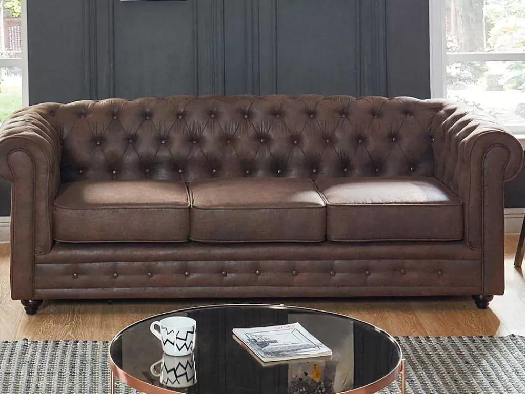 Sofá*Vente-unique Sofá De 3 Lugares Chesterfield Em Microfibra Com Aspeto De Pele Envelhecida