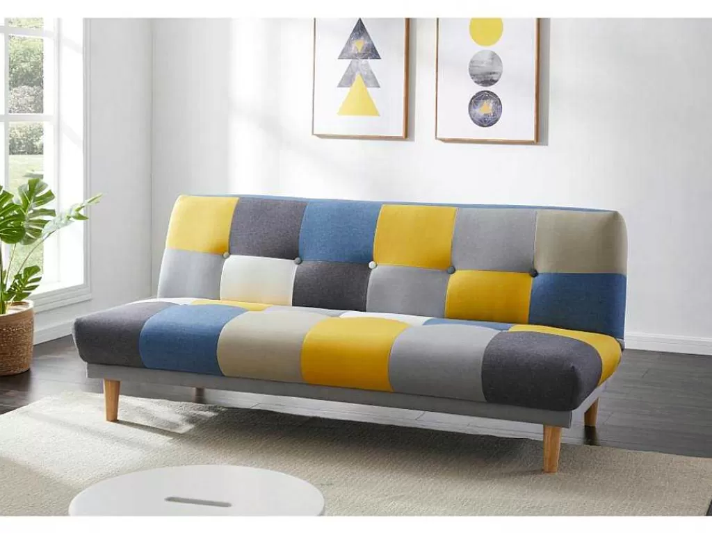 Sofá Cama Clic-Clac E Dobravel*Vente-unique Sofá De 3 Lugares Clic-Clac Em Tecido E Cores Patchwork Cinza, Azul E Amarelo - Mardag