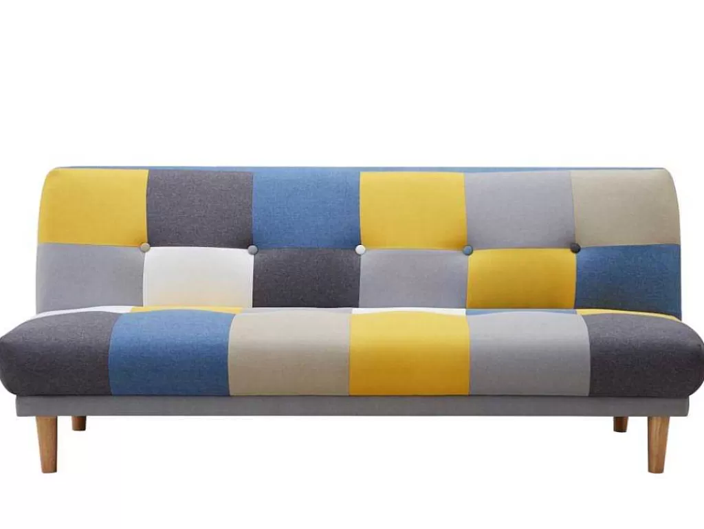 Sofá Cama Clic-Clac E Dobravel*Vente-unique Sofá De 3 Lugares Clic-Clac Em Tecido E Cores Patchwork Cinza, Azul E Amarelo - Mardag