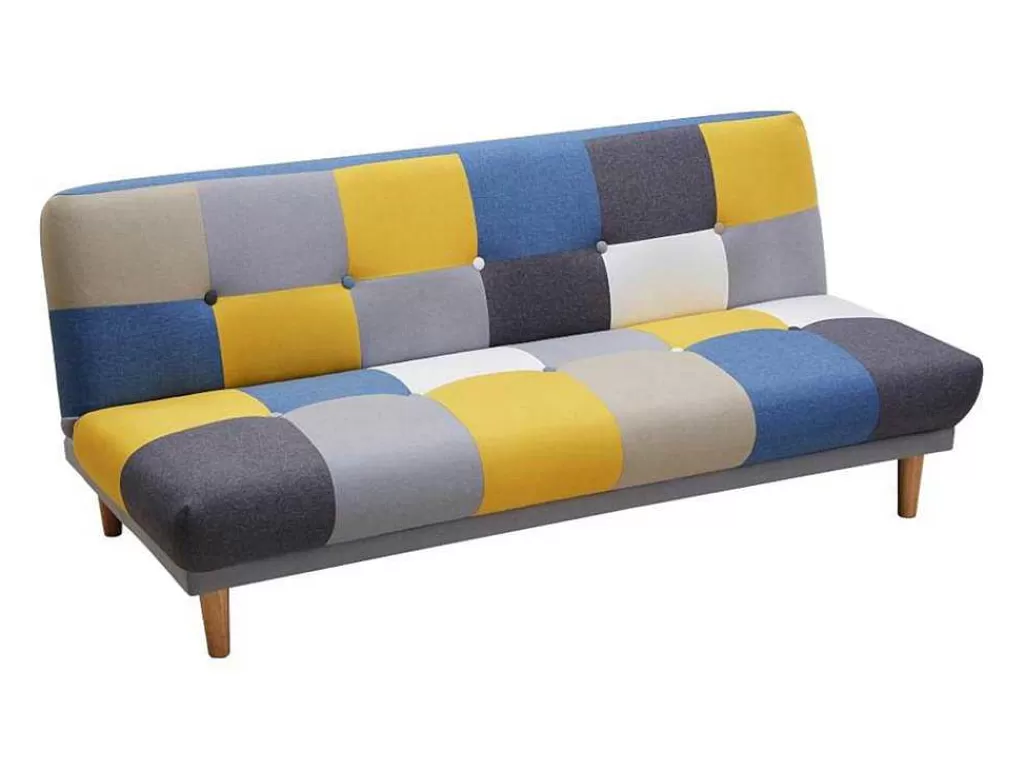 Sofá Cama Clic-Clac E Dobravel*Vente-unique Sofá De 3 Lugares Clic-Clac Em Tecido E Cores Patchwork Cinza, Azul E Amarelo - Mardag