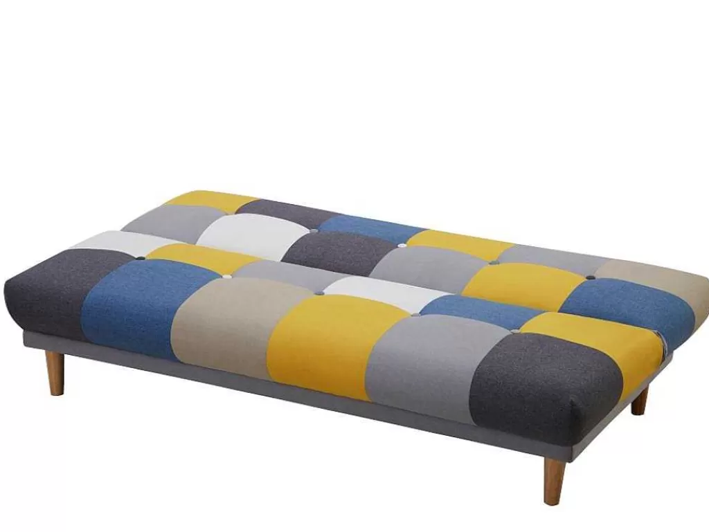 Sofá Cama Clic-Clac E Dobravel*Vente-unique Sofá De 3 Lugares Clic-Clac Em Tecido E Cores Patchwork Cinza, Azul E Amarelo - Mardag