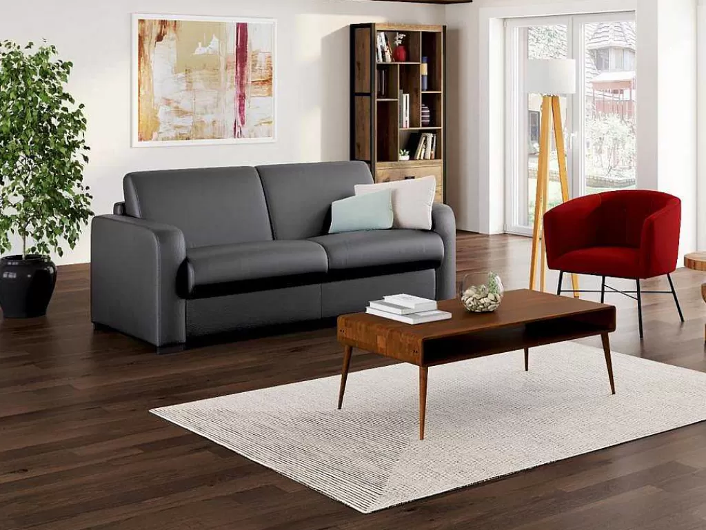 Sofá Cama De Abertura Rapida*Vente-unique Sofá De 3 Lugares Convertivel Abertura Rapida Em Couro Cinza Colchão 18 Cm - Bevis