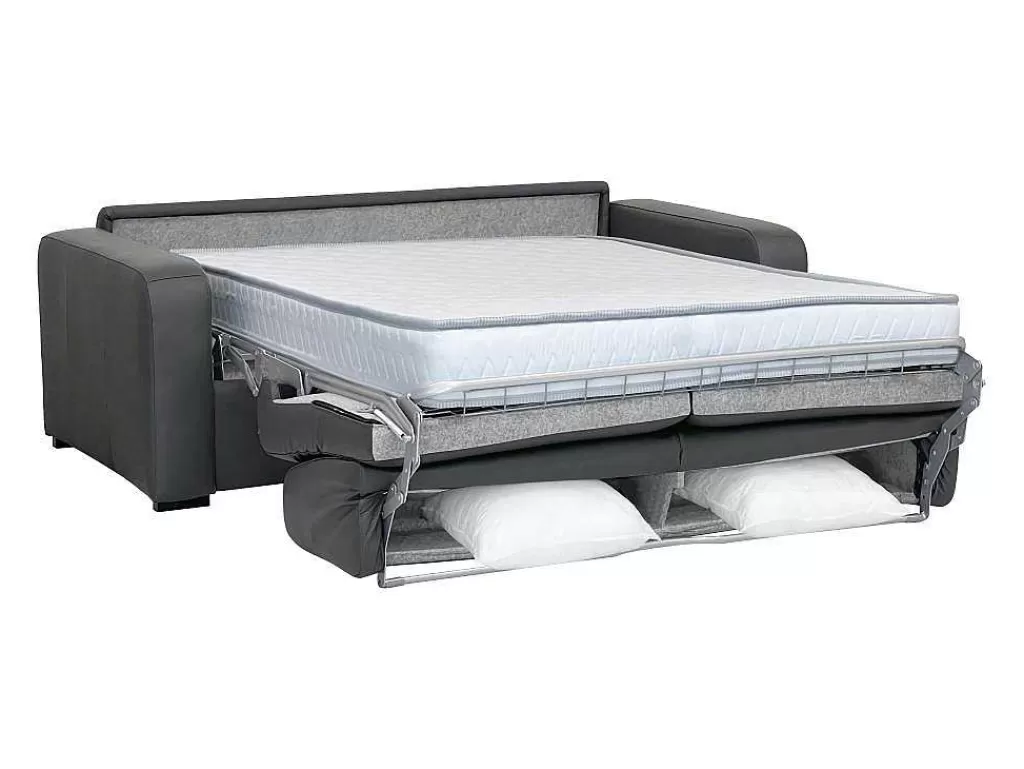 Sofá Cama De Abertura Rapida*Vente-unique Sofá De 3 Lugares Convertivel Abertura Rapida Em Couro Cinza Colchão 18 Cm - Bevis