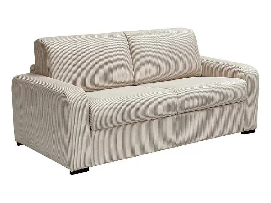 Sofá Cama De Abertura Rapida*Vente-unique Sofá De 3 Lugares Convertivel Abertura Rapida Em Veludo Canelado Creme Colchão De 18 Cm - Bevis