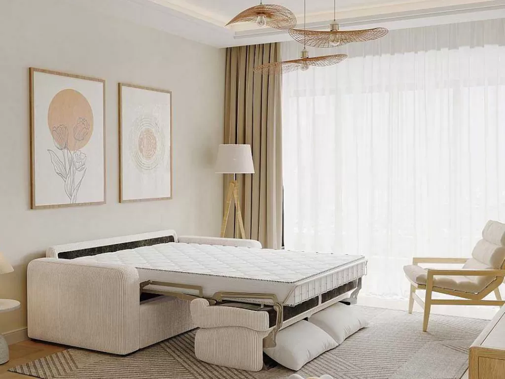 Sofá Cama De Abertura Rapida*Vente-unique Sofá De 3 Lugares Convertivel Abertura Rapida Em Veludo Canelado Creme Colchão De 18 Cm - Bevis