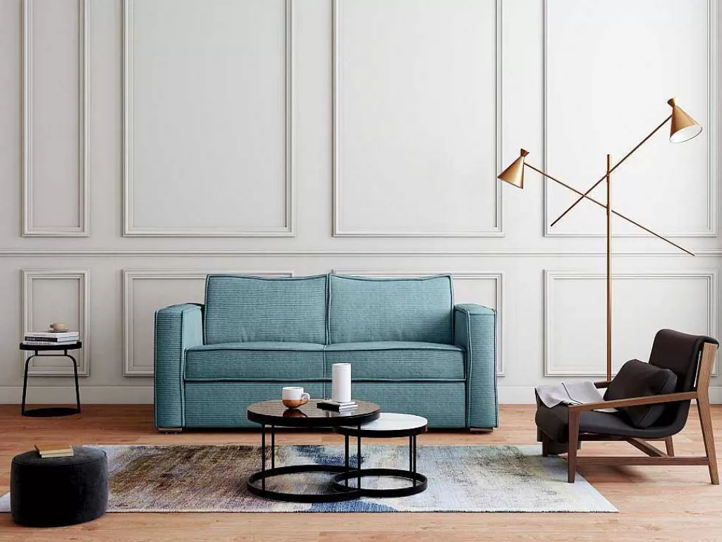 Sofá*Vente-unique Sofá De 3 Lugares Convertivel Abertura Rapida Veludo Canelado Azul-Turquesa, Cama De Ripas Largas 140 Cm E Colchão 18 Cm - Loreto