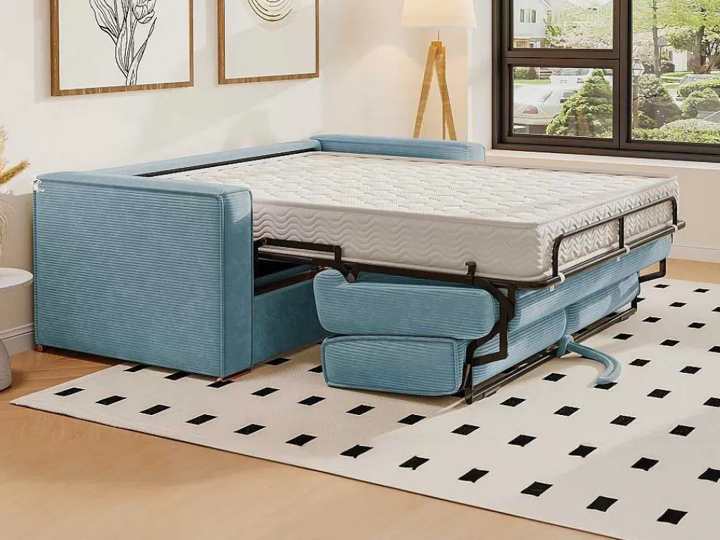 Sofá*Vente-unique Sofá De 3 Lugares Convertivel Abertura Rapida Veludo Canelado Azul-Turquesa, Cama De Ripas Largas 140 Cm E Colchão 18 Cm - Loreto