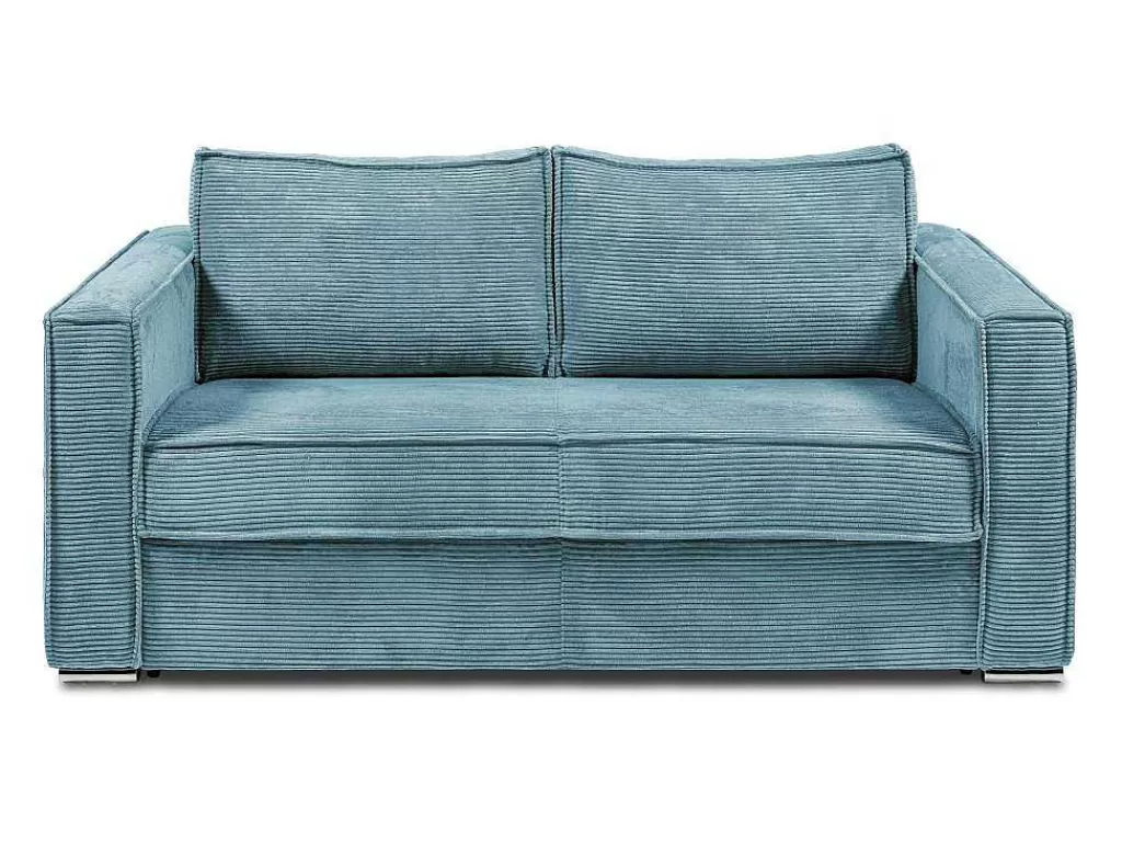 Sofá*Vente-unique Sofá De 3 Lugares Convertivel Abertura Rapida Veludo Canelado Azul-Turquesa, Cama De Ripas Largas 140 Cm E Colchão 18 Cm - Loreto