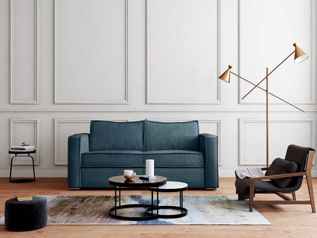 Sofá Cama De Abertura Rapida*Vente-unique Sofá De 3 Lugares Convertivel De Abertura Rapida Em Veludo Canelado Cor Azul - Loreto