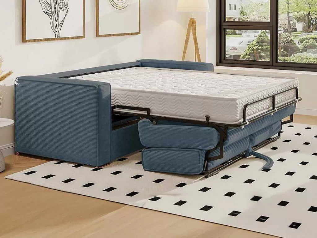 Sofá Cama De Abertura Rapida*Vente-unique Sofá De 3 Lugares Convertivel De Abertura Rapida Em Veludo Canelado Cor Azul - Loreto