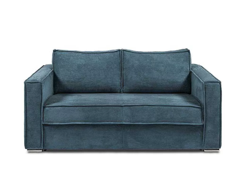 Sofá Cama De Abertura Rapida*Vente-unique Sofá De 3 Lugares Convertivel De Abertura Rapida Em Veludo Canelado Cor Azul - Loreto