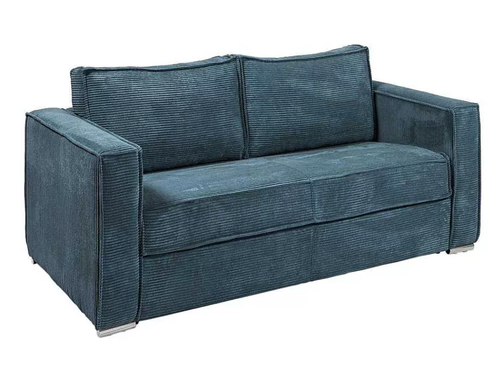 Sofá Cama De Abertura Rapida*Vente-unique Sofá De 3 Lugares Convertivel De Abertura Rapida Em Veludo Canelado Cor Azul - Loreto
