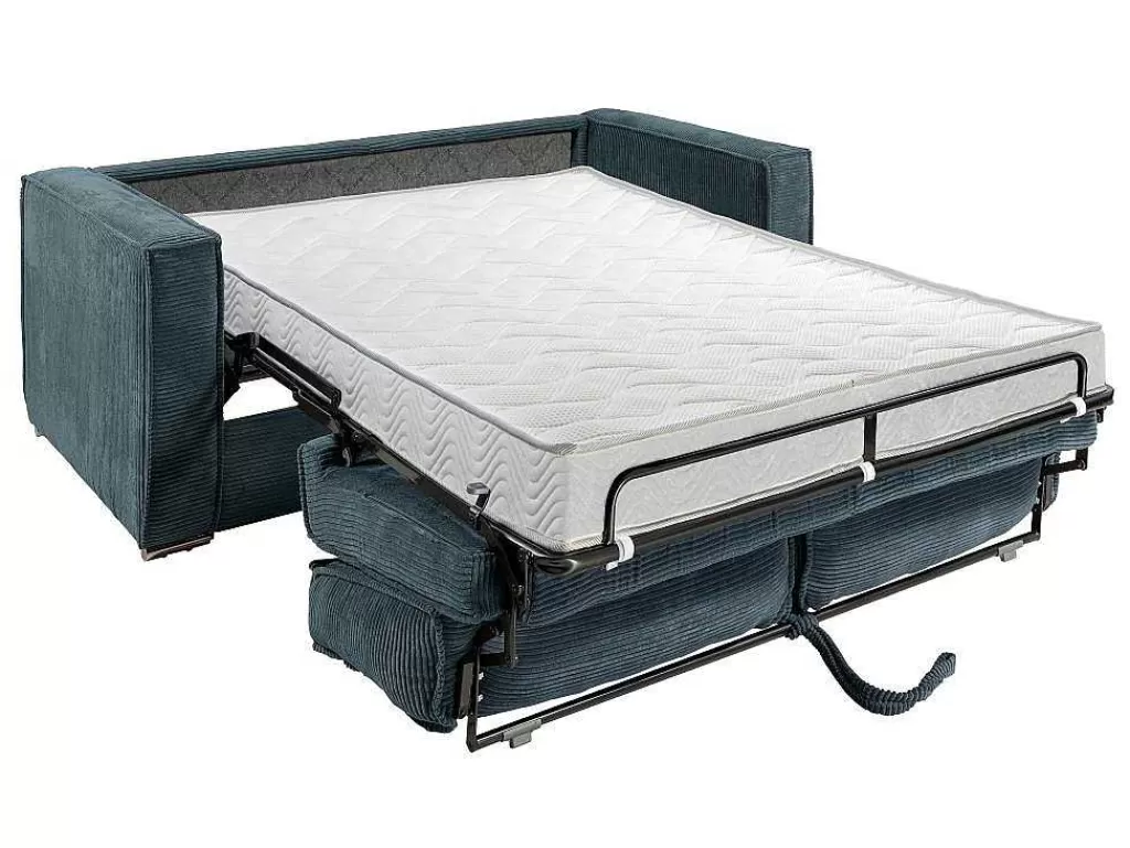 Sofá Cama De Abertura Rapida*Vente-unique Sofá De 3 Lugares Convertivel De Abertura Rapida Em Veludo Canelado Cor Azul - Loreto